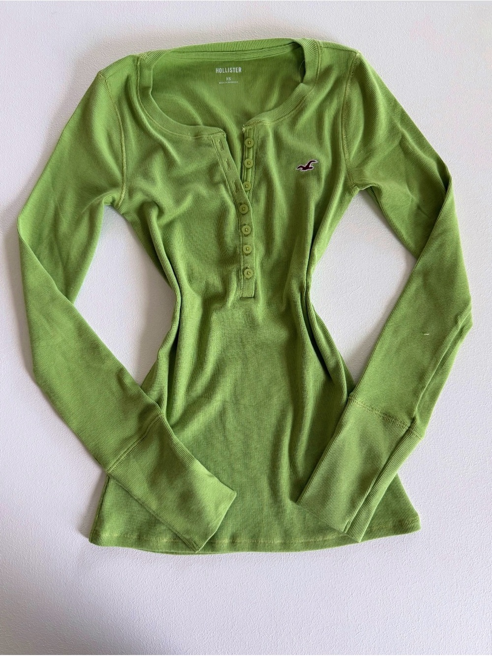 Hollister Green Ribbed Henley Long Sleeve Top